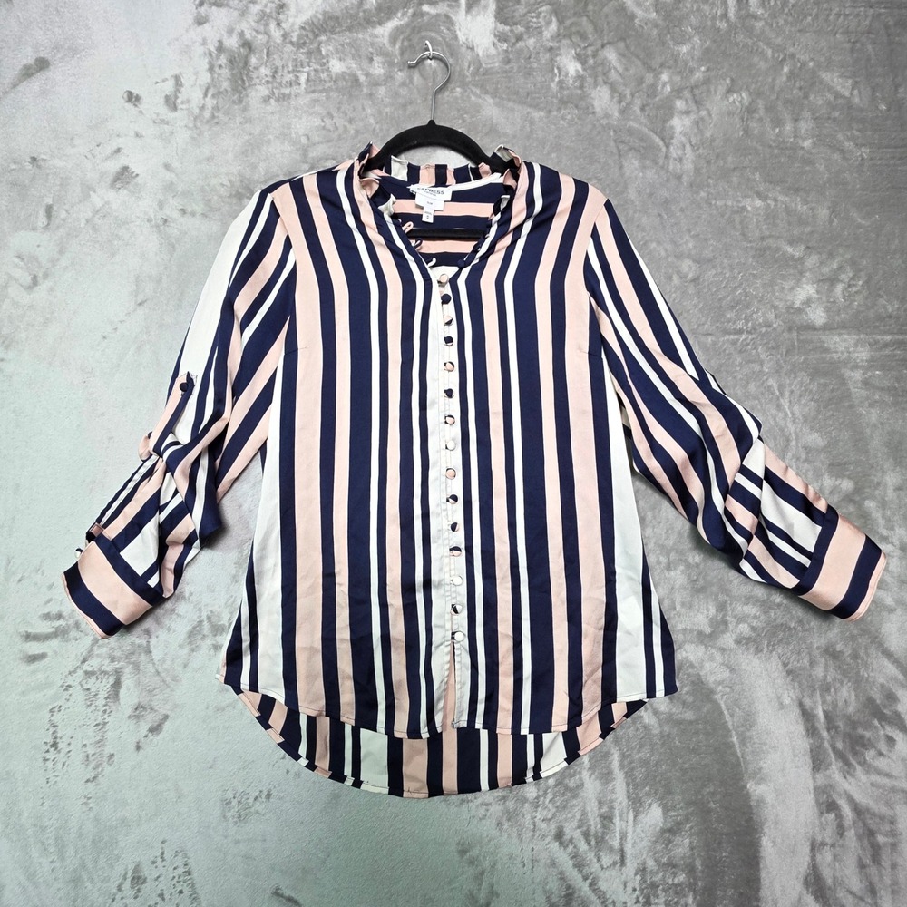 Express Portofino Slim Blouse Womens Medium Navy Pink White Striped Button Down